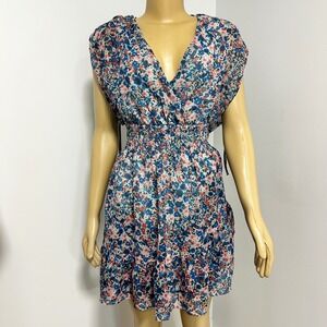 BCBG Paris Womens Floral Smocked Waist Mini Dress Blue Red V-Neck Small